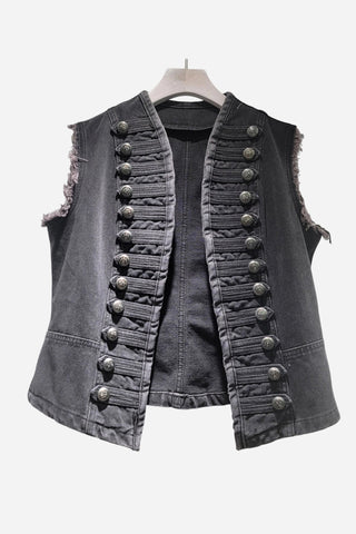 Button-Embellished Sleeveless Denim Jacket