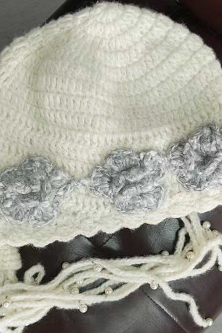 Crochet Floral Applique Beaded Tie Hat