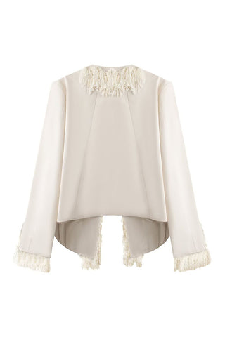 Fringe Trim Open Front Long Sleeve Jacket