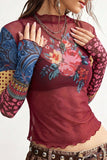 Sheer Mesh Floral Patchwork Mock Neck Top