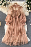 Floral Lace Mock Neck Puff Sleeve Dress