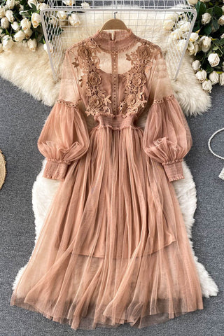Floral Lace Mock Neck Puff Sleeve Dress