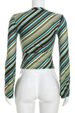 Striped V-Neck Wrap Bell Sleeve Blouse