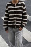 Striped Button Detail Crew Neck Knit Cardigan