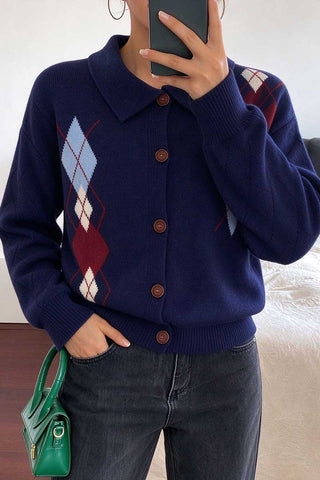 Argyle Knit Collared Button-Front Cardigan