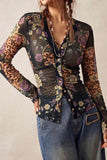 Sheer Floral Print Button-Front Blouse