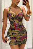 Halter Sweetheart Floral Bodycon Mini Dress
