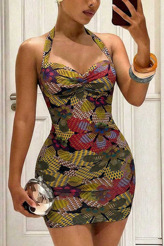 Halter Sweetheart Floral Bodycon Mini Dress