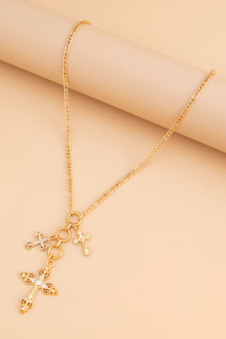 Layered Cross Charm Chain Necklace