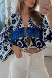 Floral Bell Sleeve Sheer Ruffle Blouse