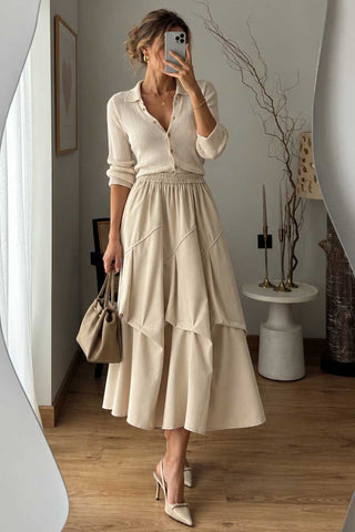 Smocked Waist Tiered Ruffle Midi Skirt