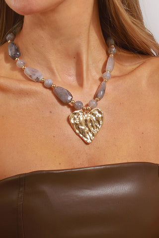 Textured Heart Pendant Beaded Necklace