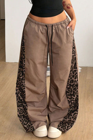 Leopard Side Panel Drawstring Wide-Leg Pants