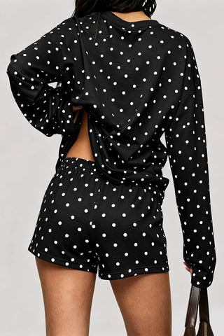 Polka Dot Crew Neck Long Sleeve Short Set