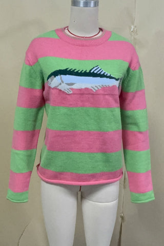 Fish Graphic Striped Crew Neck Sweater
