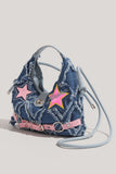 Star Patch Frayed Denim Hobo Bag
