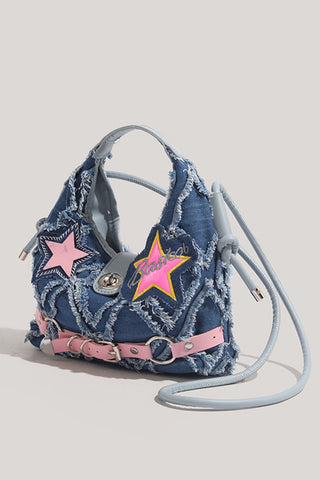 Star Patch Frayed Denim Hobo Bag
