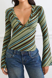 Striped V-Neck Wrap Bell Sleeve Blouse