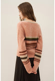 Contrast Stripe Heart-Neck Wool Sweater