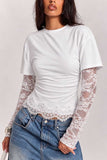 Sheer Lace Sleeve Ruched Crew Neck Top