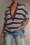 Striped Collar Deep V-Neck Polo