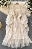 Floral Lace Mock Neck Puff Sleeve Dress