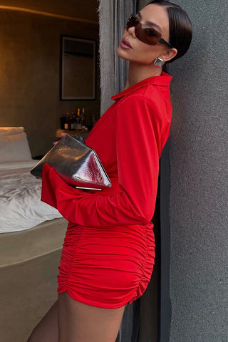 Deep V-Neck Ruched Long Sleeve Mini Dress