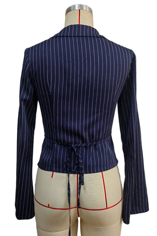 Striped Wrap V-Neck Tie Waist Blouse