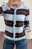 Striped Ruffle Trim Crew Neck Sweater