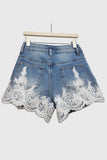 Pearl-Trim Lace Denim Shorts