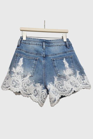 Pearl-Trim Lace Denim Shorts