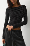 Ruched Boat Neck Long Sleeve Crop Top