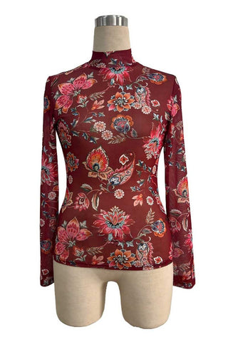 Floral Mock Neck Sheer Long Sleeve Top