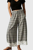 Plaid Drawstring Wide-Leg Lace Hem Casual Pants