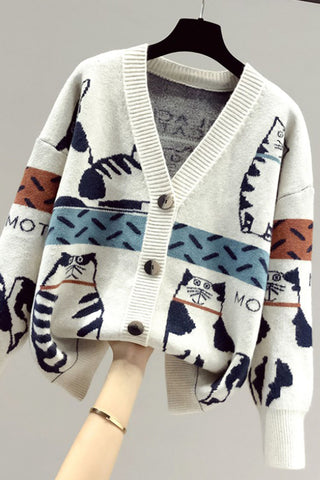 Cat Print V-Neck Cardigan