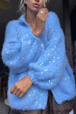 Sequin Zip-Up Fuzzy Knit Cardigan