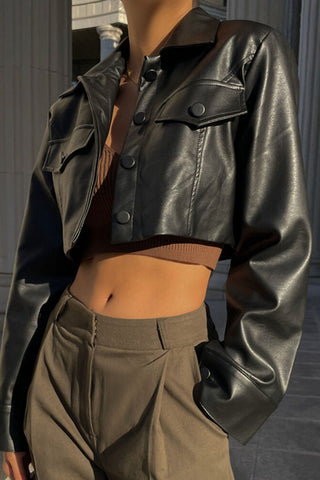 Cropped Faux Leather Button-Front Jacket