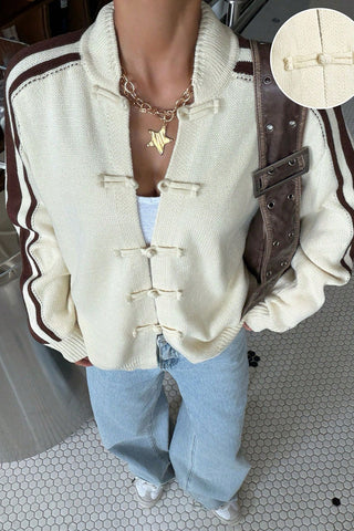 Striped Sleeve Toggle Front Knit Cardigan
