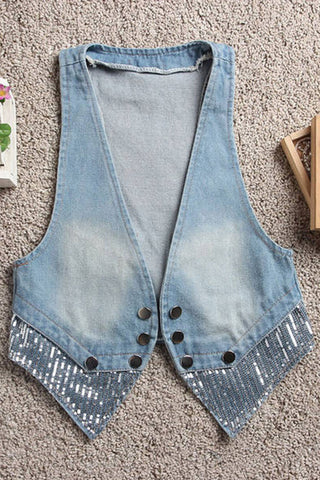 Sequin Hem Button Front Denim Vest