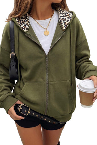 Leopard Detail Zip Front Hoodie