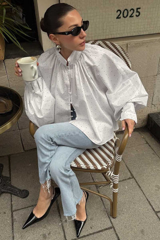 Polka Dot Puff Sleeve Mock Neck Blouse