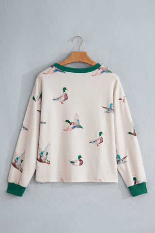 Duck Print Ribbed Crew Neck Sweatshirt