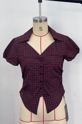 Plaid Puff Sleeve V-Neck Shirt