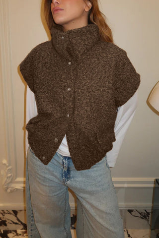 High-Collar Snap Button Fuzzy Vest