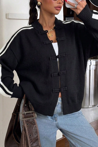 Striped Sleeve Toggle Front Knit Cardigan