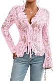 Sheer Floral Lace Ruffle V-Neck Blouse