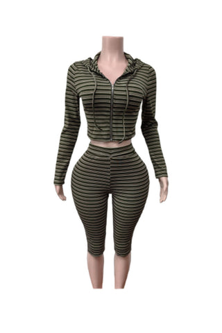 Striped Zip-Up Hoodie Crop Pants Set
