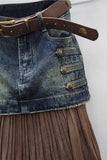 Military Button Denim Pleated Maxi Skirt