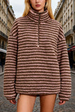 Striped Half-Zip Mock Neck Fleece Jacket