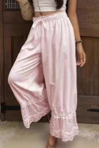Lace-Trim Wide-Leg Casual Pants